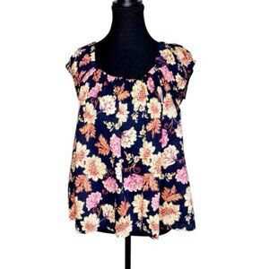 Old Navy Floral Navy Womens Medium Top Elastic Neck Keyhole Back Tie Cottagecore